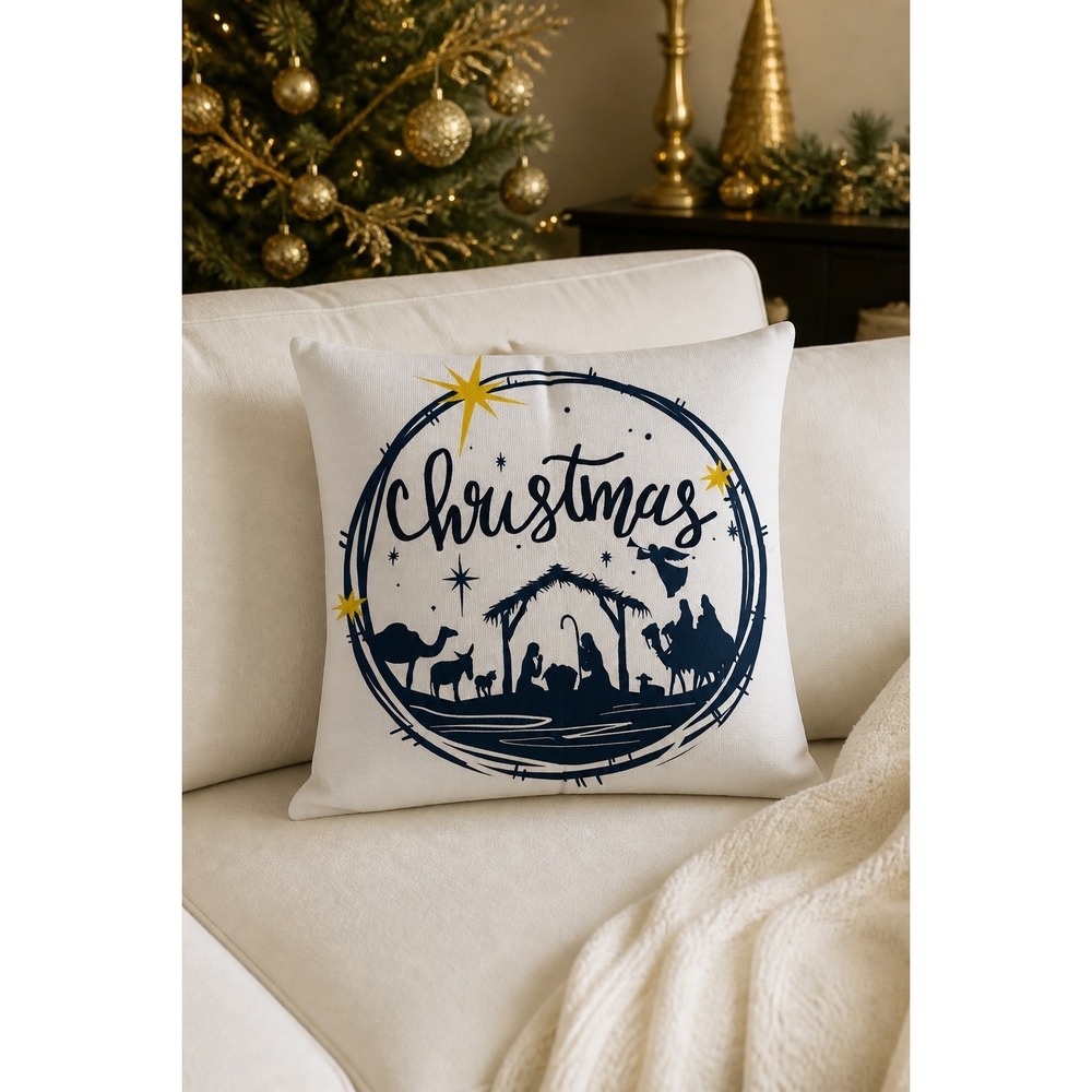 NEW Christmas Throw Pillow Covers Set of 4 Nativity 18x18 Blue White Holiday